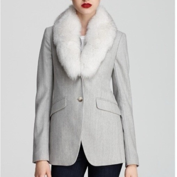 Women's Theory Gray Wool Herringbone Fitted Blazer With Removable Fox Fur Collar